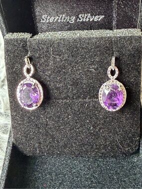 Real Sterling Silver Purple Amethyst Halo Drop Earrings
